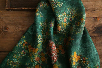 Jade Green Ramie Fabric: Floral Bird Print, 57" Wide