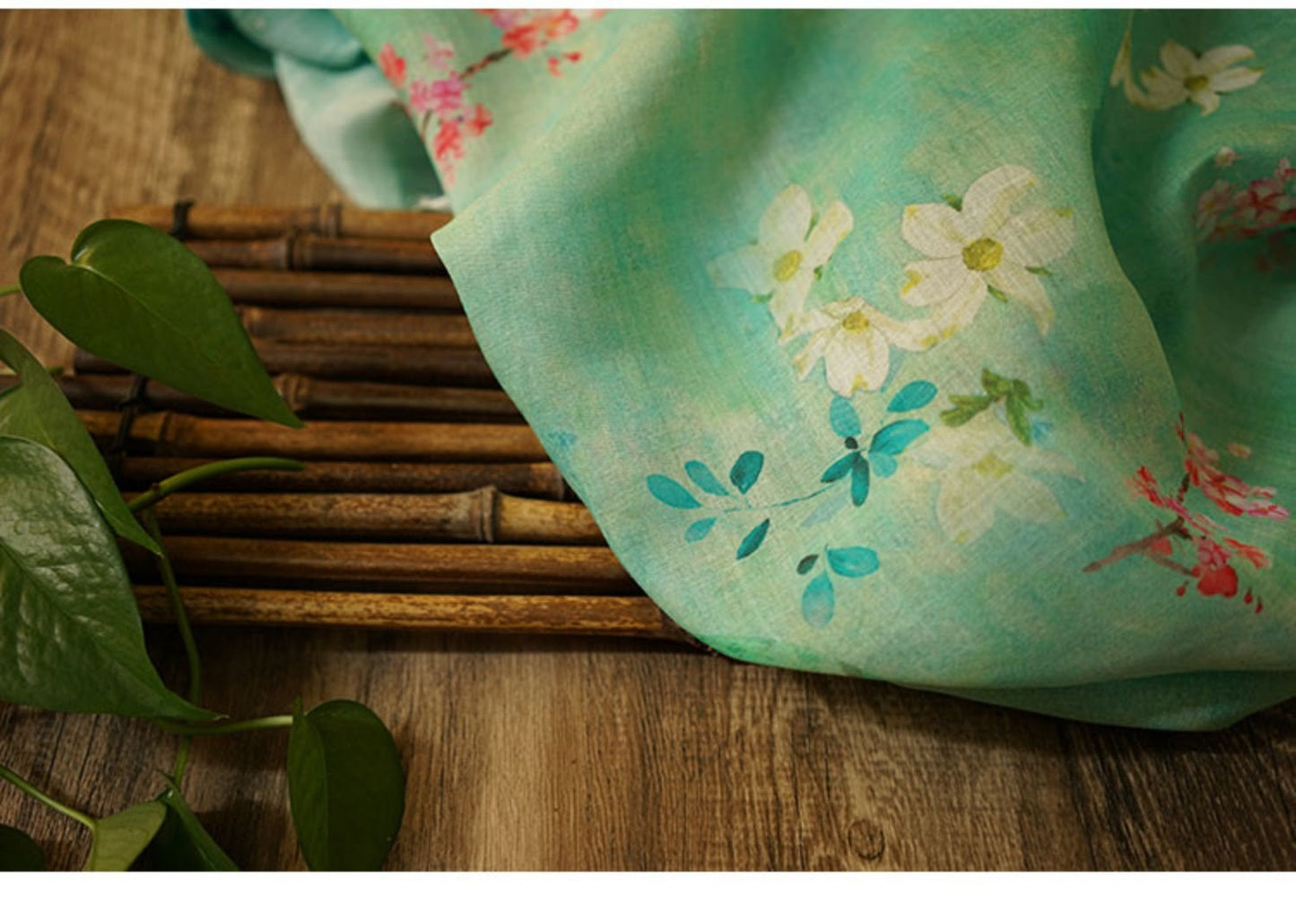 Floral Ramie Fabric: Jade Green Textile, 55" Wide