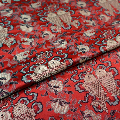 Chinese Silk Brocade Fabric: Pisces Double Fish Design, 29.5" Wide