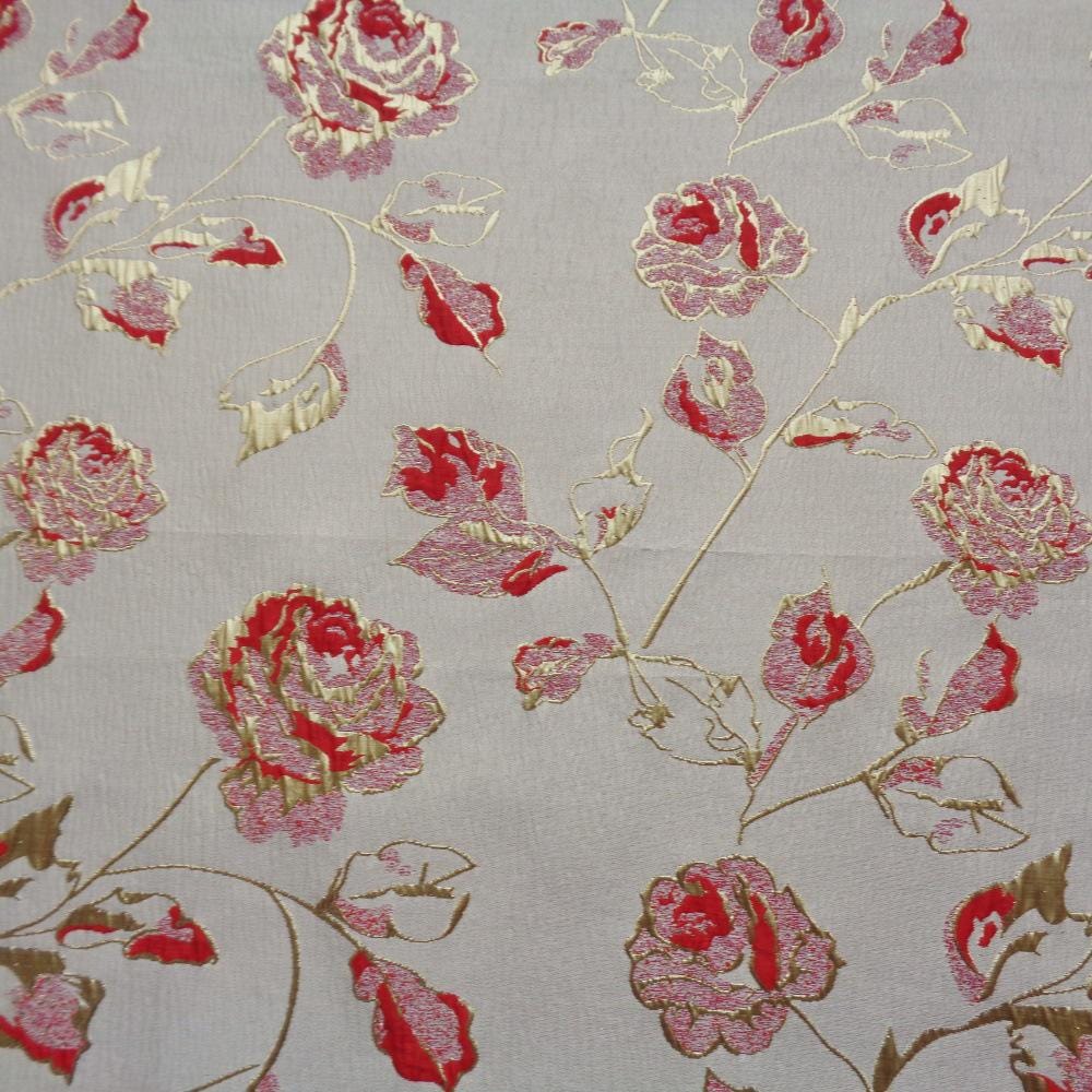 Magnolia Gold Foil Jacquard Fabric: Floral Chenille Upholstery, 56"W