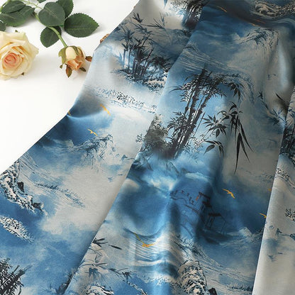 Ancient Landscape Tea Silk Satin Fabric: 59"W Digital Print Upholstery
