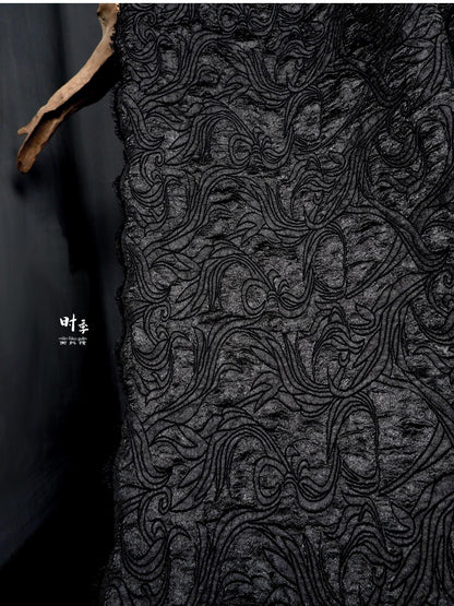 Tissu brocart jacquard queue de phénix noir | Tissu couture gaufré (largeur 150 cm)