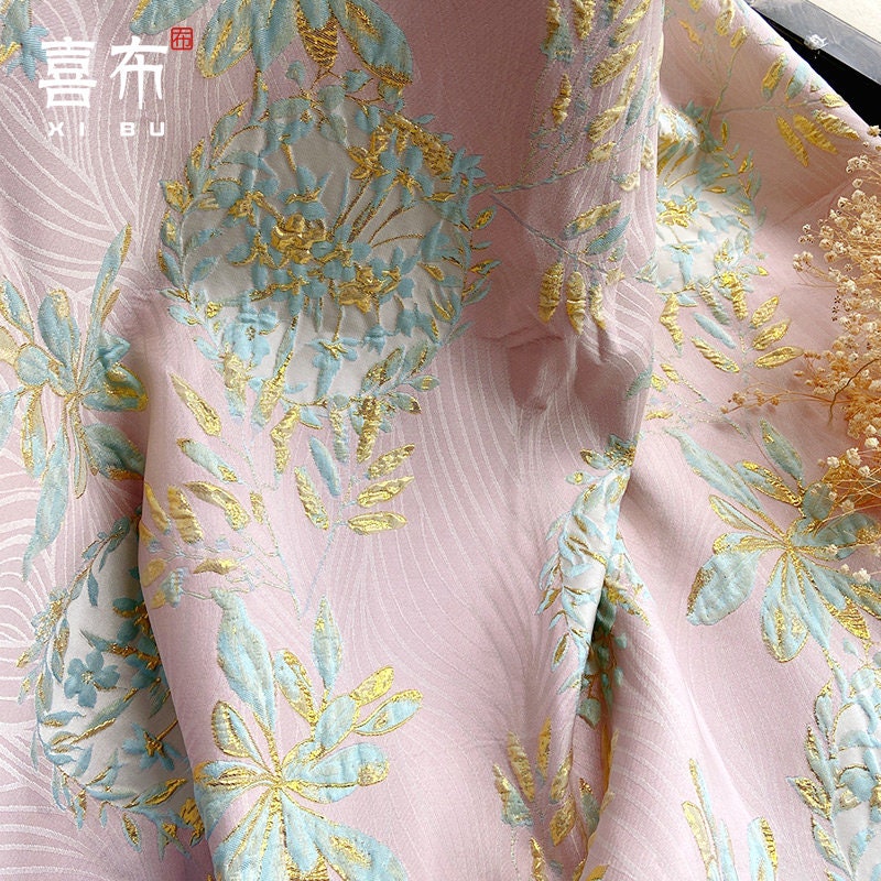 Gold Thread Jacquard Fabric: 3D Floral Design, 56" Wide