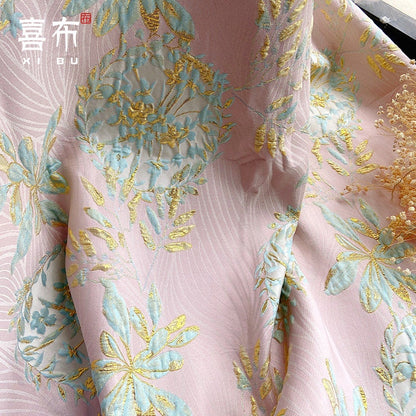 Gold Thread Jacquard Fabric: 3D Floral Design, 56" Wide