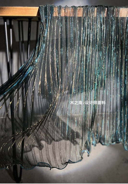 Peacock Blue Glitter Pleated Mesh Fabric, 59" Wide, Stiff Organza
