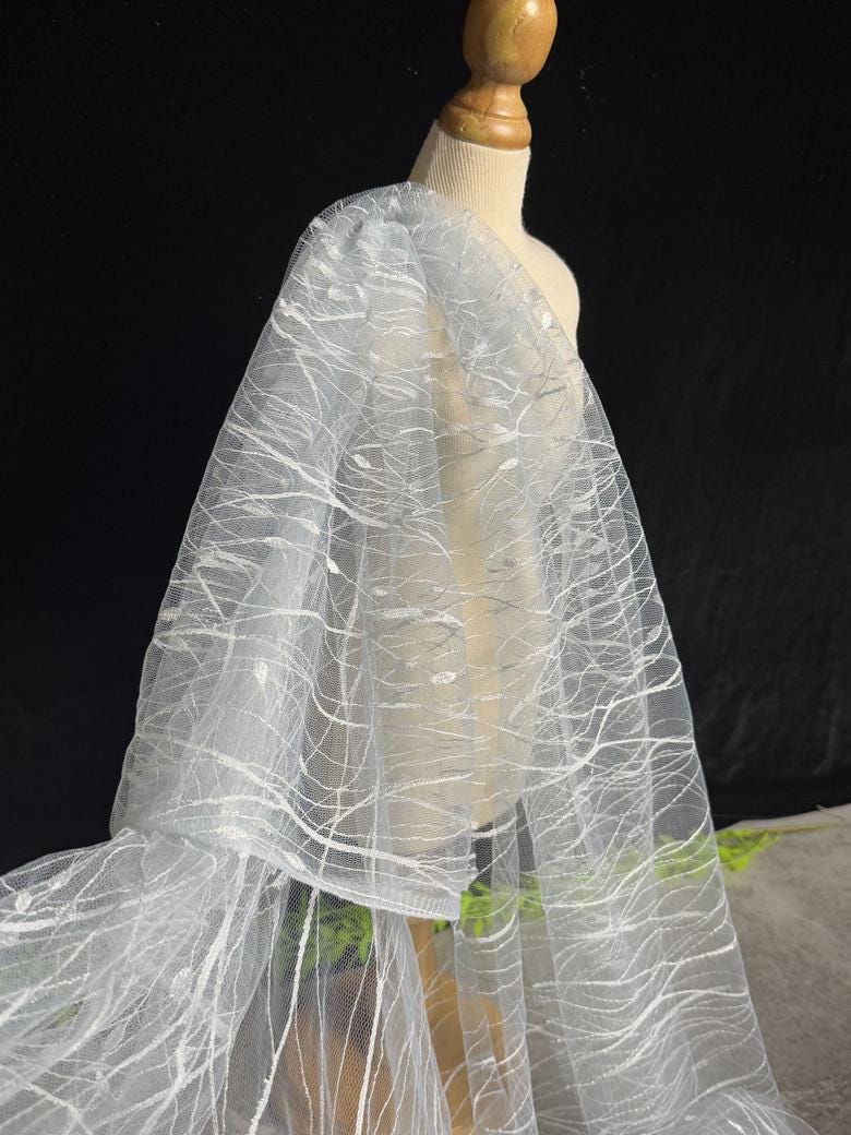 Embroidered Sequin Lace Fabric: Light Blue-Gray Tulle, 59" Wide