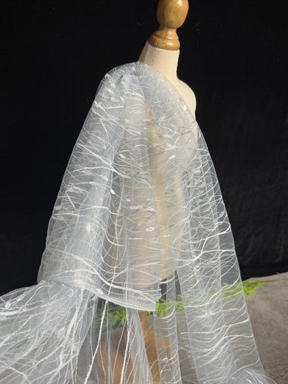 Embroidered Sequin Lace Fabric: Light Blue-Gray Tulle, 59" Wide