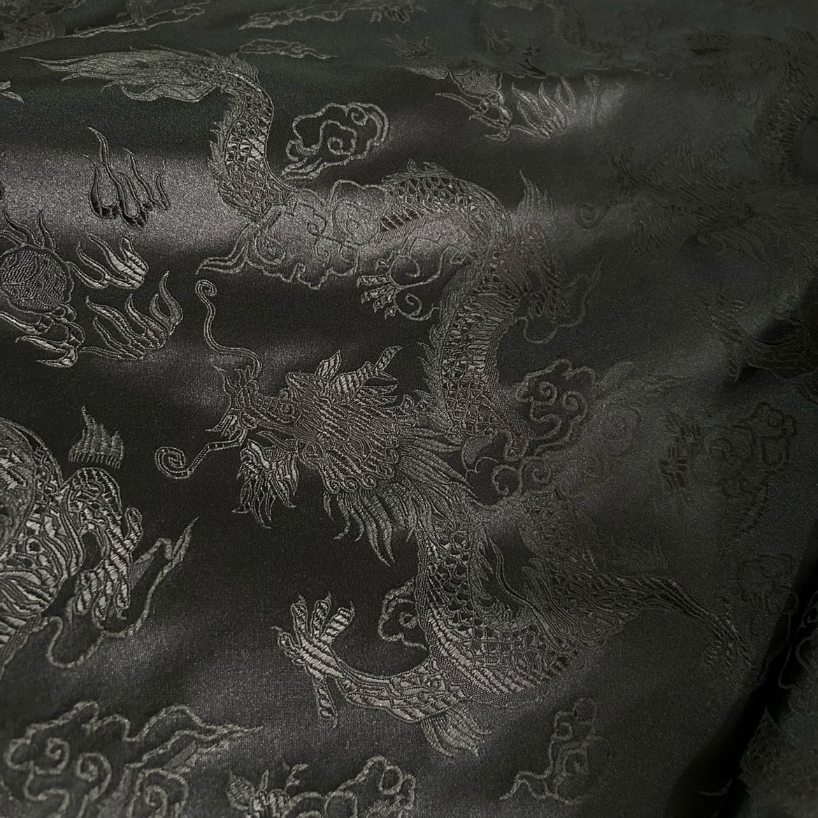 Black Silk Brocade Fabric: Big Dragon Design, 29.5"W - By The Meter