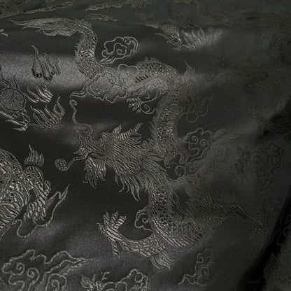 Black Silk Brocade Fabric: Big Dragon Design, 29.5"W - By The Meter