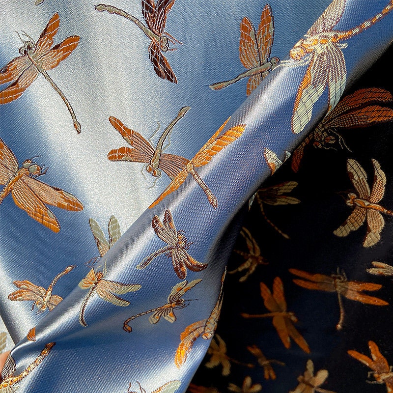 Dragonfly Floral Brocade Jacquard Fabric: Elegant Chinese Style, 29.5"W