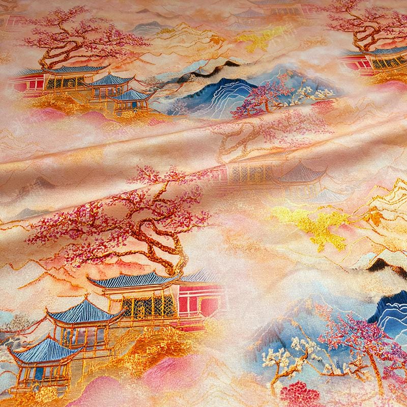 Oriental Landscape Cotton Fabric: Fairy Mountain Palace Print, Quilting Material (55"W)