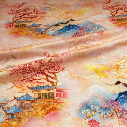 Oriental Landscape Cotton Fabric: Fairy Mountain Palace Print, Quilting Material (55"W)