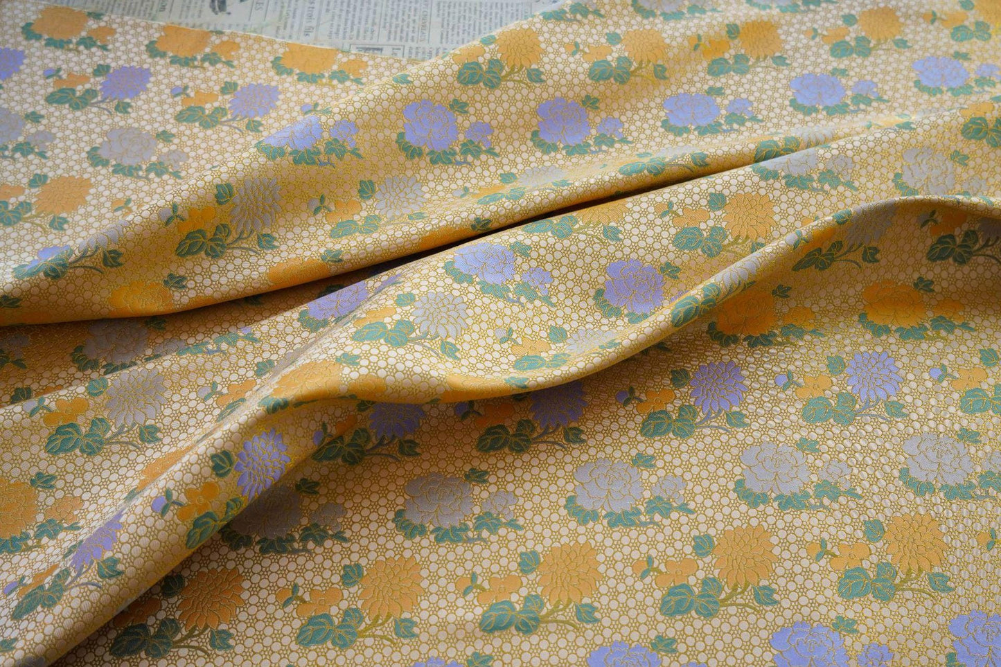 Japanese Kirin Nishijin Brocade Fabric: Yellow Floral Silk, 60" Wide