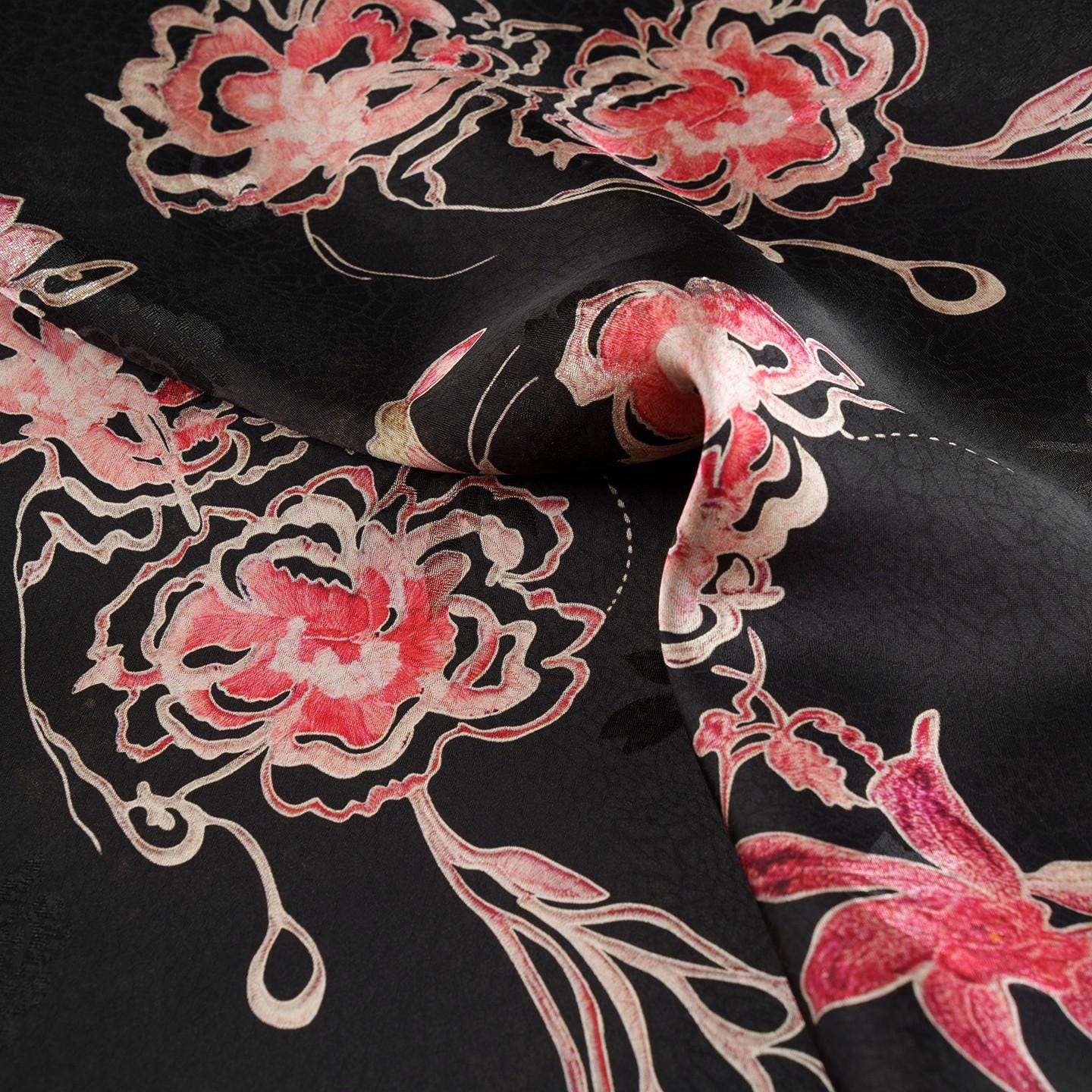 Black Butterfly Floral Xiangyun Silk Fabric ��� Smooth, Skin-Friendly Printed Sandwashed rayo