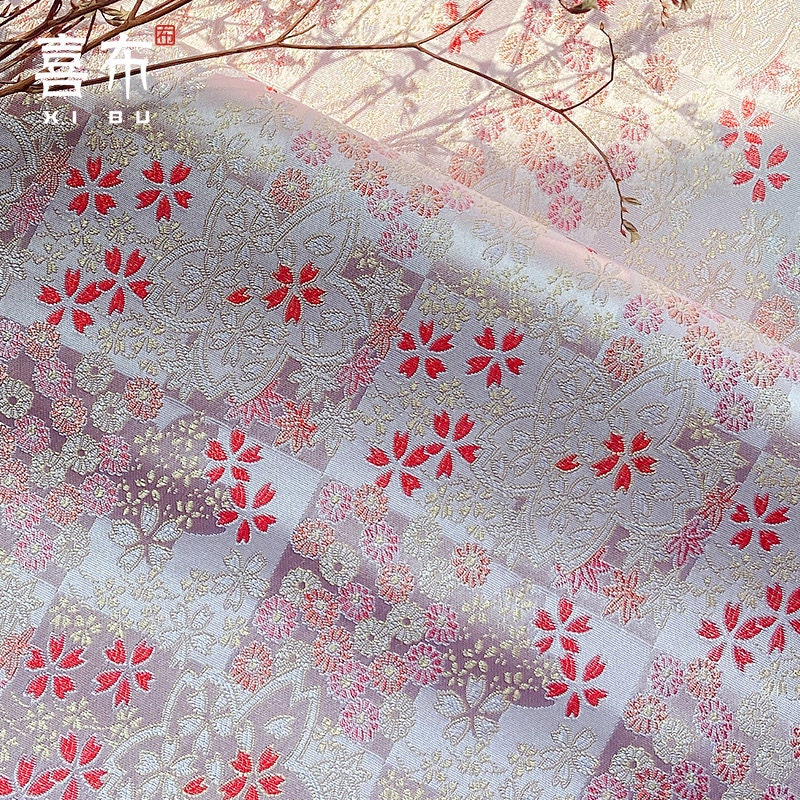 Japanese Cherry Blossom Brocade Fabric: Pink Silk Kinran for Kimono, Bowknot