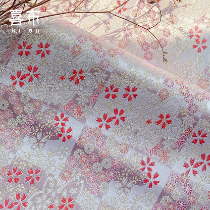 Japanese Cherry Blossom Brocade Fabric: Pink Silk Kinran for Kimono, Bowknot