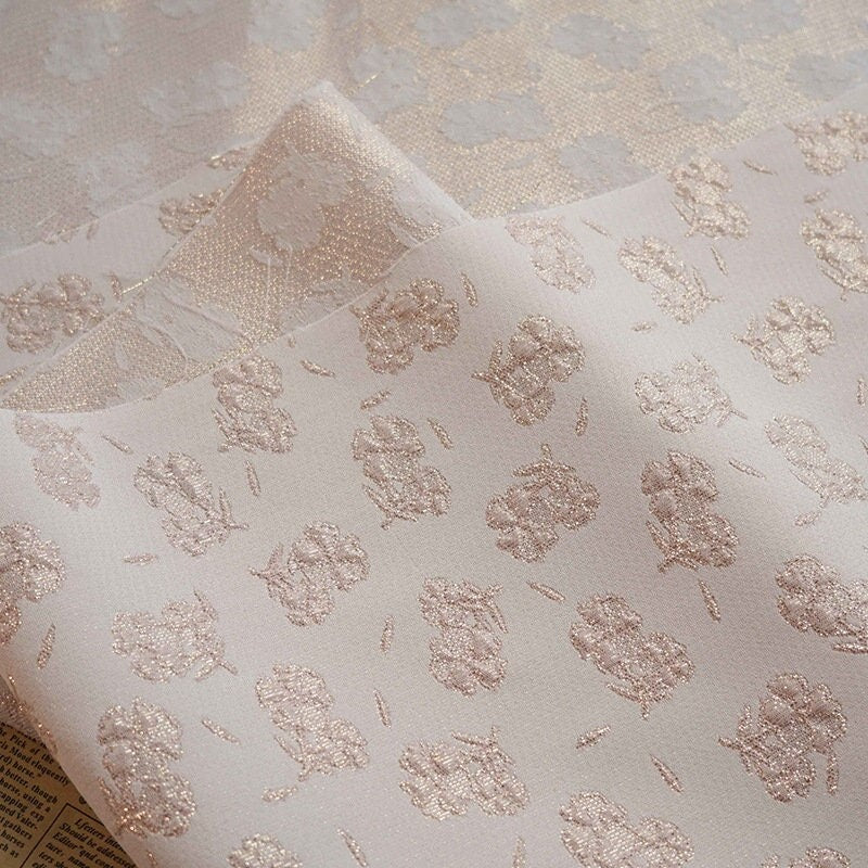 Gold Thread Jacquard Fabric: Pink Embossed Flower Woven Textile, 55"W