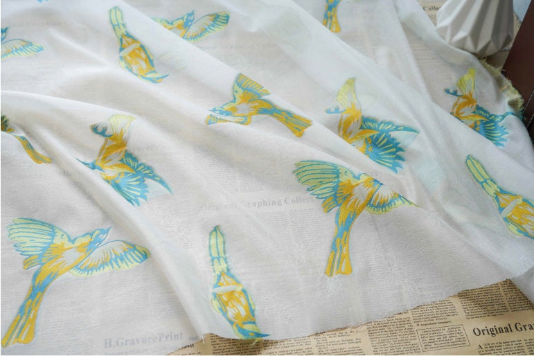 White Bird Jacquard Fabric: 3D Embroidery, 59" Wide, Nylon Polyester
