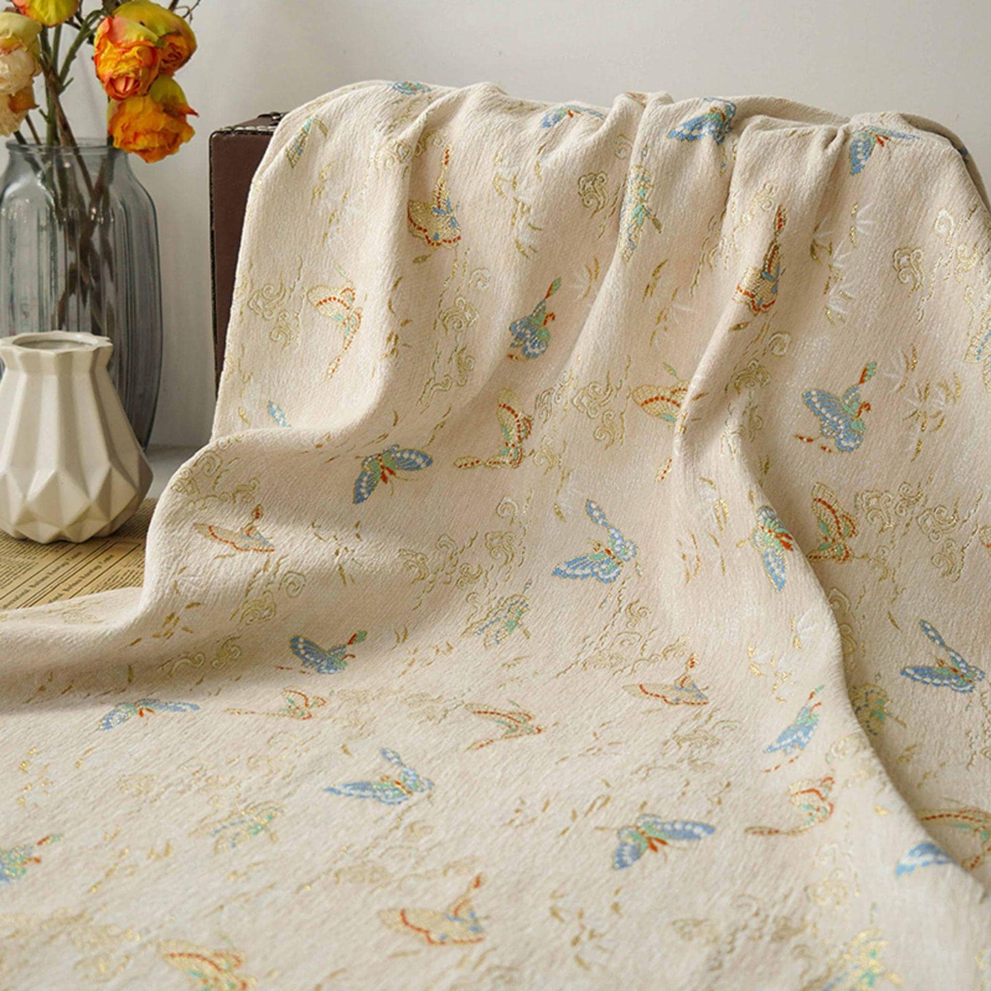 Beige Chenille Jacquard Fabric: Butterfly Foil Upholstery, Costume, Decor