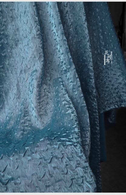 Sea Blue Crepe Mesh Fabric, 3D Wavy Pleated Designer Fabric