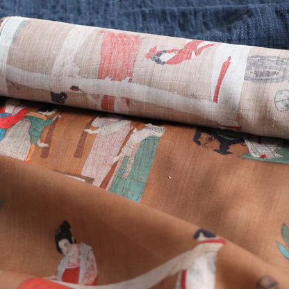Tang Dynasty Style Linen Fabric: Court Ladies Sewing Silk (55"W)