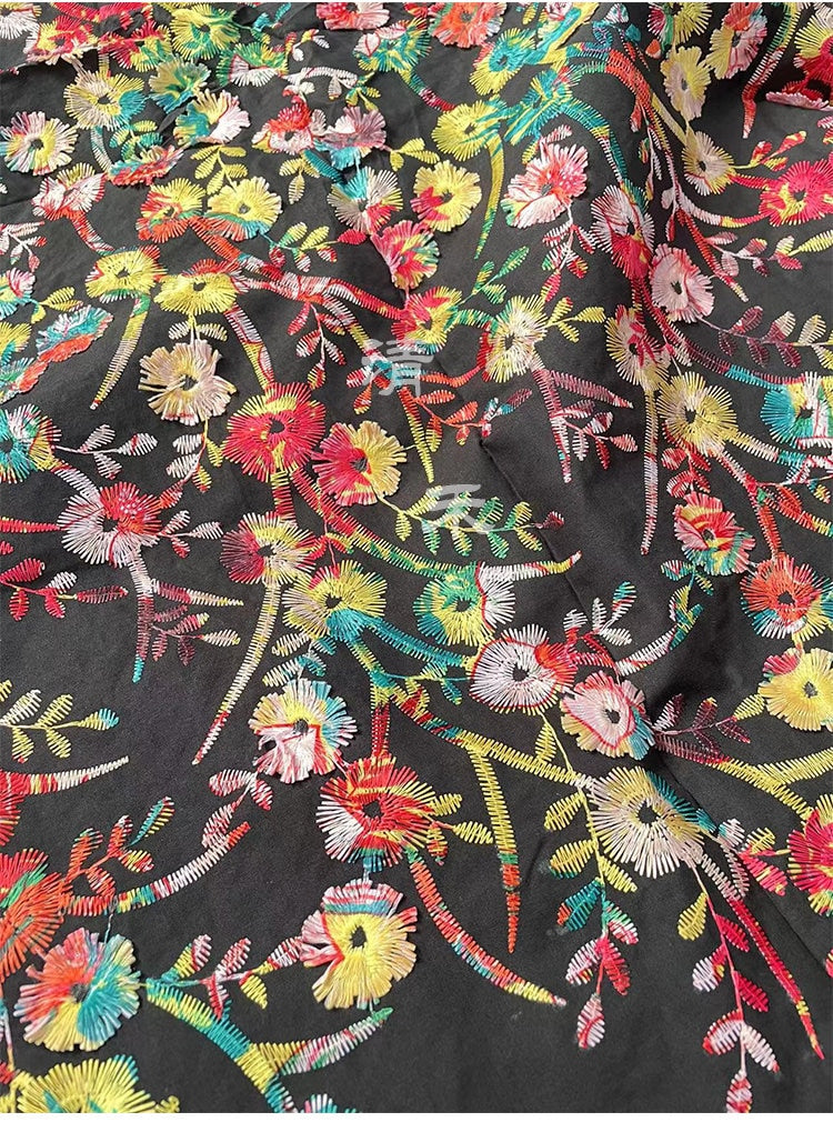 Floral Embroidery Fabric: Multicolor 3D Flowers, 100% Cotton (58"W)