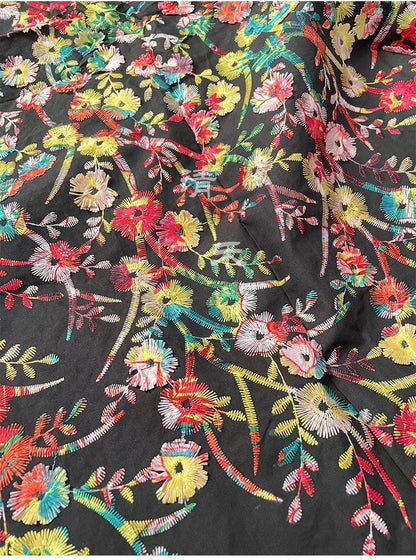 Floral Embroidery Fabric: Multicolor 3D Flowers, 100% Cotton (58"W)