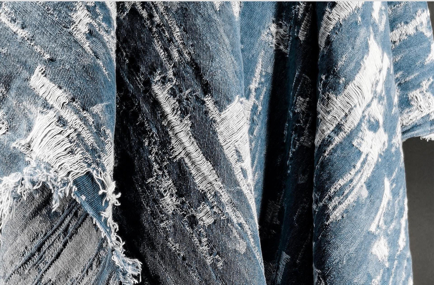 Blue Distressed Denim Jacquard Fabric: Washed Textured Design, 55"W