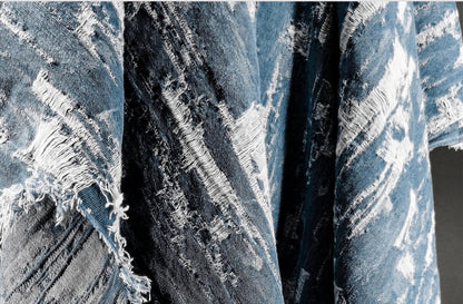 Blue Distressed Denim Jacquard Fabric: Washed Textured Design, 55"W