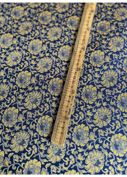 Tissu brocart pivoine : mélange de rayonne bleue et jaune, 140 cm de large