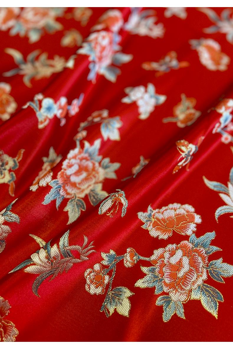 Red Phoenix Brocade Fabric: Floral Jacquard Satin, 58"W