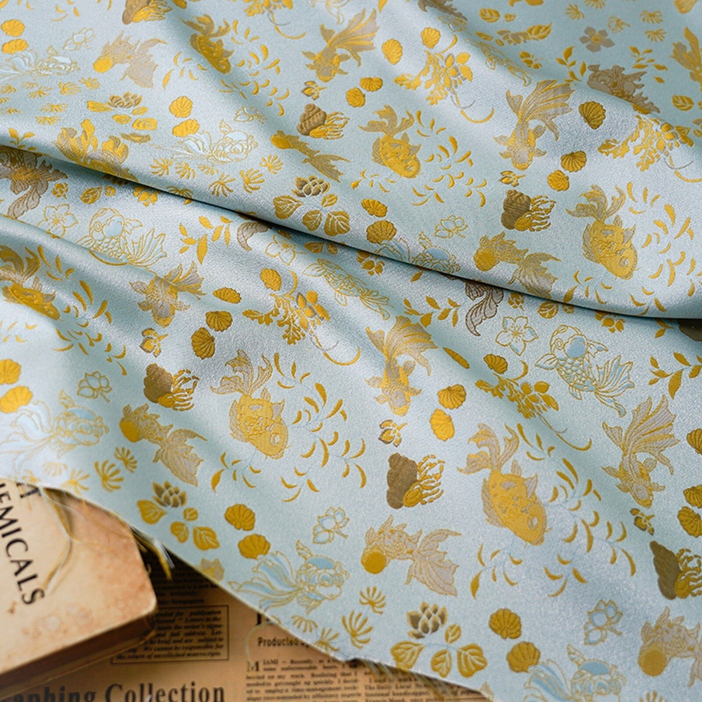 Gold Fish Brocade Jacquard Fabric: Retro Style, 60" Wide - Poppylollipop