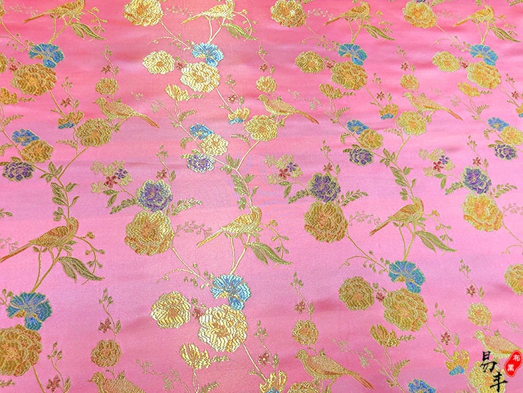 Bird Peony Jacquard Brocade Fabric: Golden Cheongsam Qipao Sewing, 59" Wide