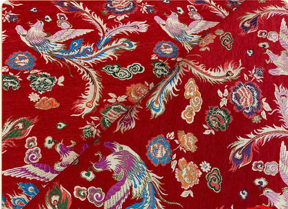 Red Phoenix Jacquard Satin Fabric: 59"W Silk Brocade, Upholstery & Sewing