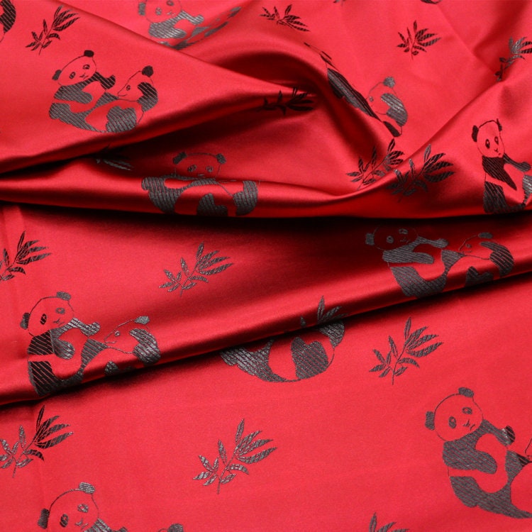 Tissu satiné brodé Panda : tissu de couture chinois à motifs de feuilles de bambou (largeur 45")