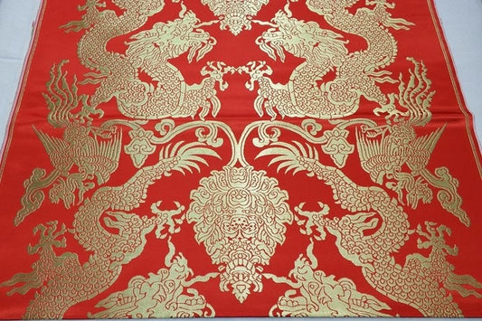 Double Dragon Silk Brocade Fabric: Red & Gold Cheongsam Material (29"W)