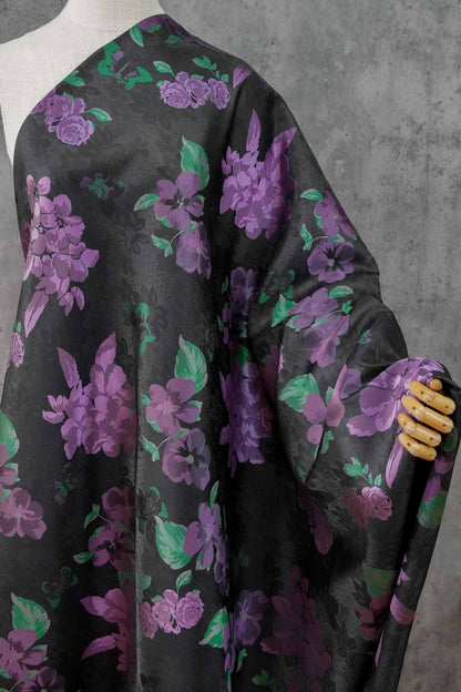 Black Jacquard Qipao Fabric with Purple Floral Pattern ��� Chinese Brocade Upholstery, Quilting, Cheongsam Sewing Fabr"Wide