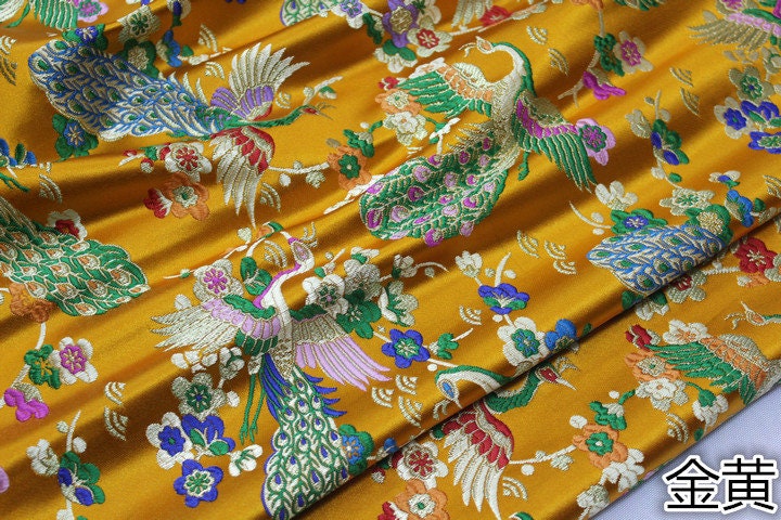 Peacock Floral Brocade Fabric: Chinese Silk Rayon Blend, 29"W