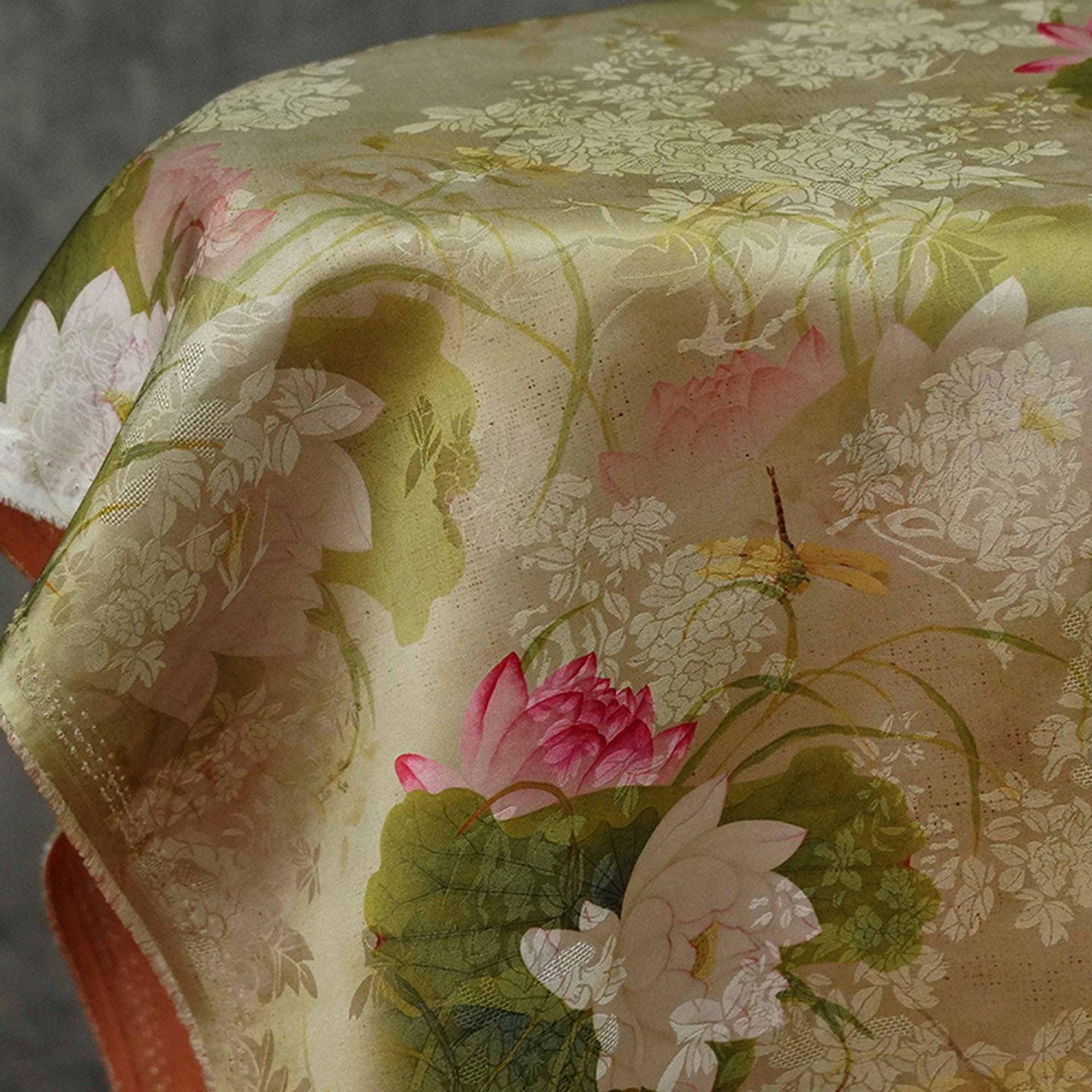 Lotus Flower Tea Silk Satin Fabric: 55"W Digital Print