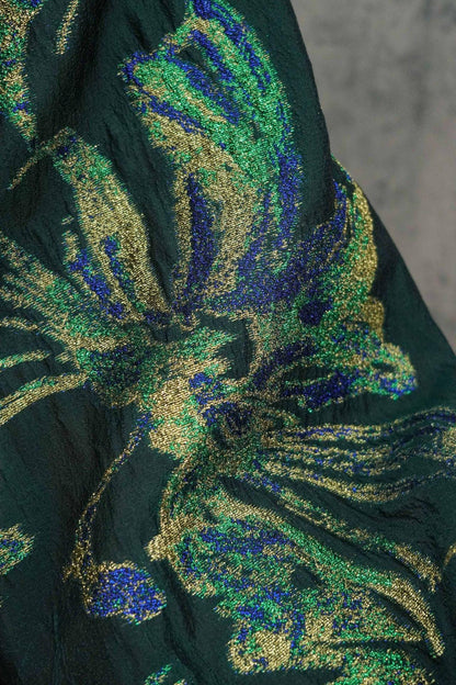 Dark Green Floral Jacquard Fabric with Gold Thread - 55" Wide - By The Yard