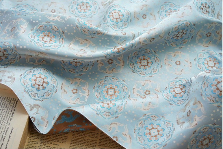 Floral Brocade Fabric: Blue Jacquard Sewing Material (65")