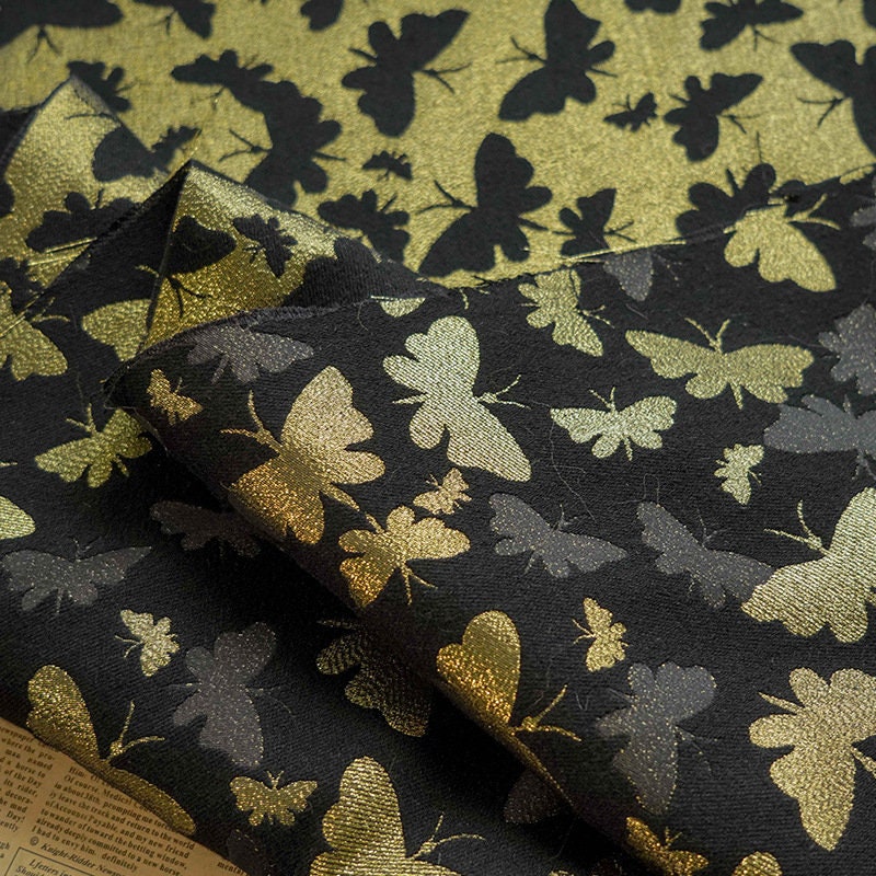 Gold Butterfly Jacquard Fabric: Embossed Woven Upholstery, Costume, Curtain, Bag, Dress (55"W)