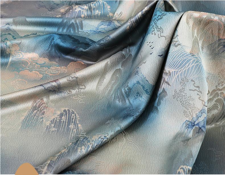 Ancient Mountain Tea Silk Satin Fabric: Digital Print Drapery, 59"W