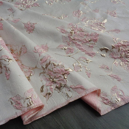 Pink Peony Gold Foil Jacquard Fabric: Chenille Upholstery, Quilting - 56"W