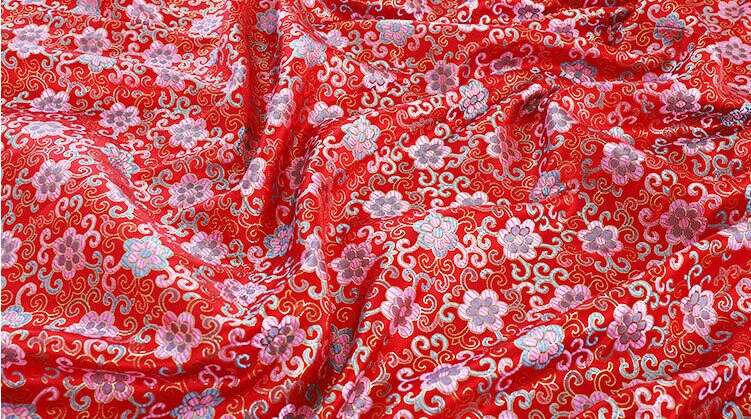 Floral Vine Silk Brocade Fabric: Red Cheongsam Upholstery, 57"W