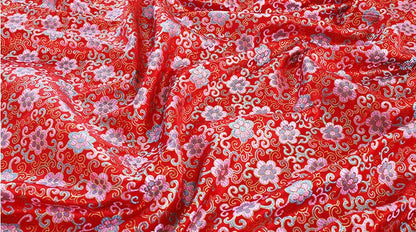 Floral Vine Silk Brocade Fabric: Red Cheongsam Upholstery, 57"W