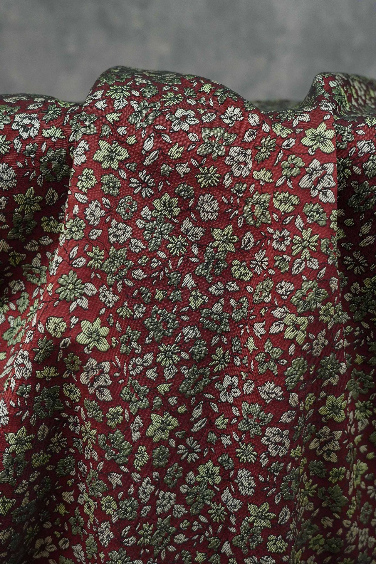 Red Mini Floral Jacquard Fabric: Countryside Style, 58" Wide