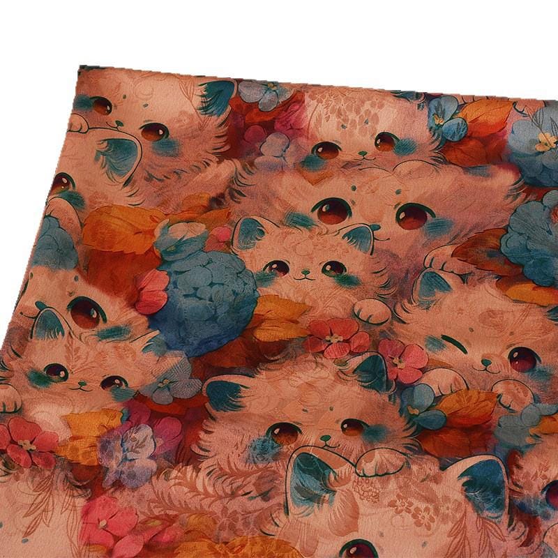 Cartoon Kitten Peony Print on Red Cloud Gauze Fabric ��� Fun & Playful Desi"Wide