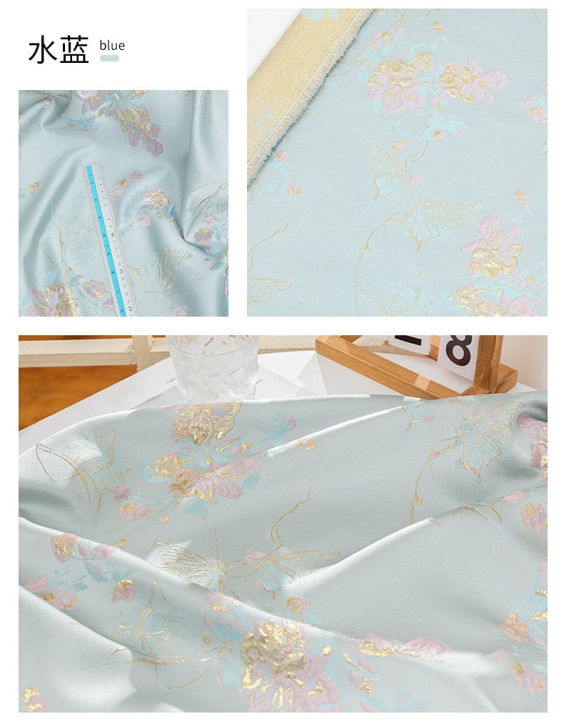 Tissu jacquard papillon à fil doré : texture 3D, largeur 142 cm