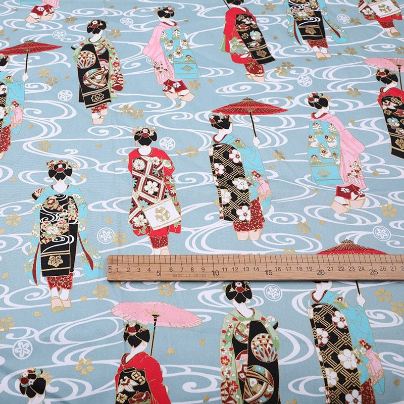 Tissu en coton et élasthanne à motif geisha : matériel de couture pour kimono